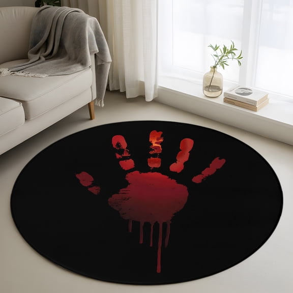 Round Area Rug 4ft Halloween Horror Pattern Area Rugs Washable Low Pile Floor Carpet for Bedroom, Red Hand on Black Background Non Slip Soft Rugs for Living Room Entryway Dining Room