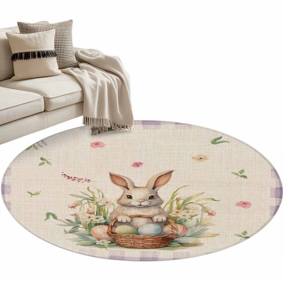 Round Area Rug 4ft, Happy Easter Cute Bunny Egg Non-Slip Non-Shedding Floor Mat, Spring Floral Purple Grid on Flax Washable Sturdy Carpet for Living Room Bedroom Home Decor
