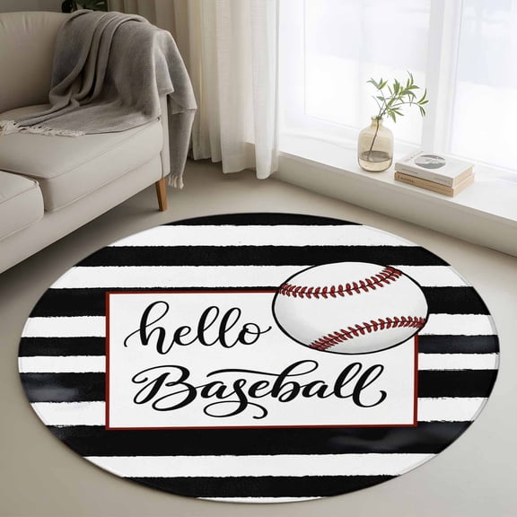 Round Area Rug 4ft, Hello Baseball Words Non-Slip Non-Shedding Floor Mat, Black White Striped Washable Sturdy Carpet for Living Room Bedroom Home Decor