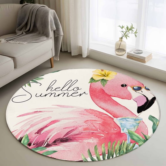 Round Area Rug 4ft Hello Summer Pink Flamingo Area Rugs Washable Low Pile Floor Carpet for Bedroom, Tropical Palm Leaf Flower Non Slip Soft Rugs for Living Room Entryway Dining Room