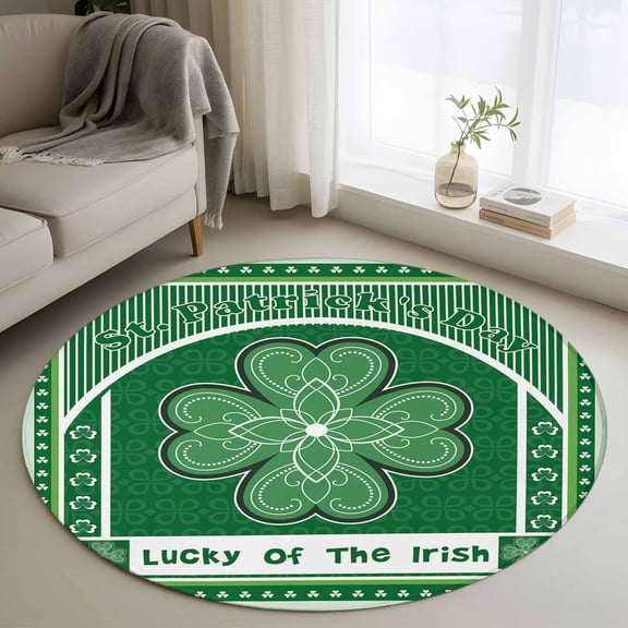 Round Area Rug 4ft, Irish Festival Celtic Knots Lucky Shamrock Non-Slip Non-Shedding Floor Mat, Stripe Washable Sturdy Carpet for Living Room Bedroom Home Decor