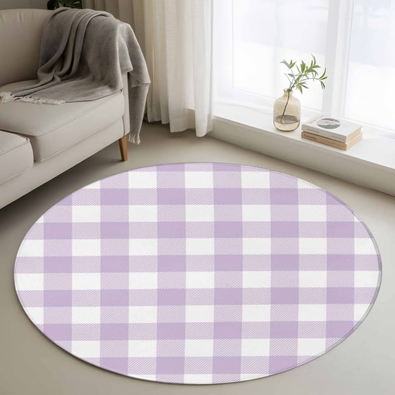 Round Area Rug 4ft, Lavender Purple Grid Non-Shedding Washable Area Rug, Farm Pastoral Theme Non Slip Low-Profile Circle Rugs for Living Room, Bedroom Dining Room