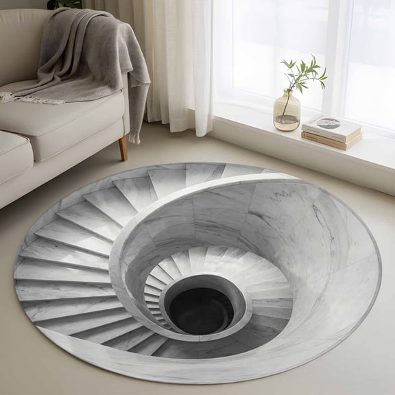 Round Area Rug 4ft, Marble Spiral Staircase Non-Slip Non-Shedding Floor Mat, Monochrome Architecture Washable Sturdy Carpet for Living Room Bedroom Home Decor