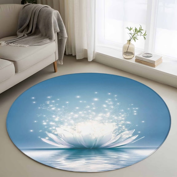 Round Area Rug 4ft, Meditation Lotus Flower Non-Slip Non-Shedding Floor Mat, Asian Zen Spiritual Washable Sturdy Carpet for Living Room Bedroom Home Decor