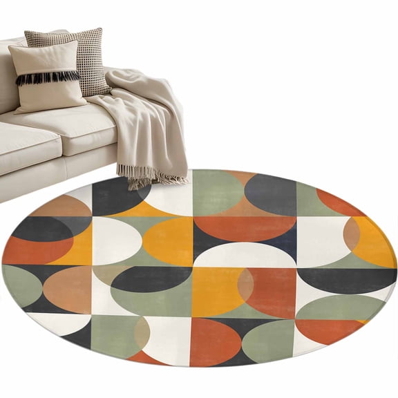 Round Area Rug 4ft Mid Century Geometric Floor Carpets Indoor Floor Area Mat Stain-Proof Mat Circle Rugs for Living Room Dining Room Kitchen Bedroom, Abstract Modern Retro Sofa Throw Carpet