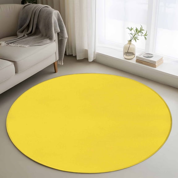 Round Area Rug 4ft, Minimalist Solid Pure Yellow Non-Slip Non-Shedding Floor Mat, Unadorned Single Color Art Washable Sturdy Carpet for Living Room Bedroom Home Decor