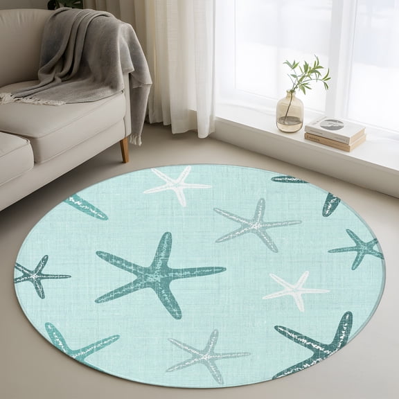 Round Area Rug 4ft Mint Green Ocean Starfish Area Rugs Washable Low Pile Floor Carpet for Bedroom, Summer Coastal Starfish Non Slip Soft Rugs for Living Room Entryway Dining Room