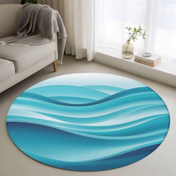 Round Area Rug 4ft,Modern Abstract Ocean Waves Fluid Art Washable Carpet Non-Slip Runner Accent Rugs Indoor Floor Mat for Bedroom Living Room Decor,Gradient Turquoise Blue