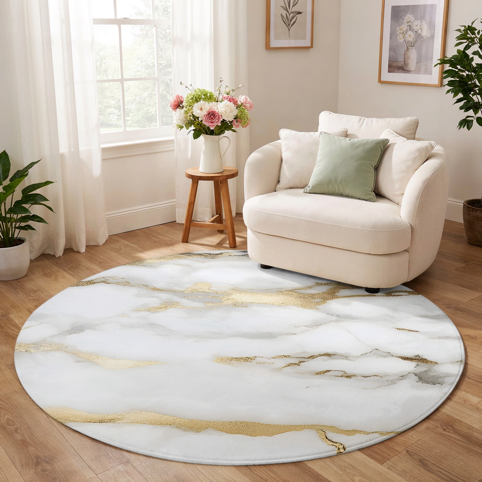 Simplistic Rugs Round Area Rug 4ft Modern Simple Marble Texture Low Pile Washable Rug ...