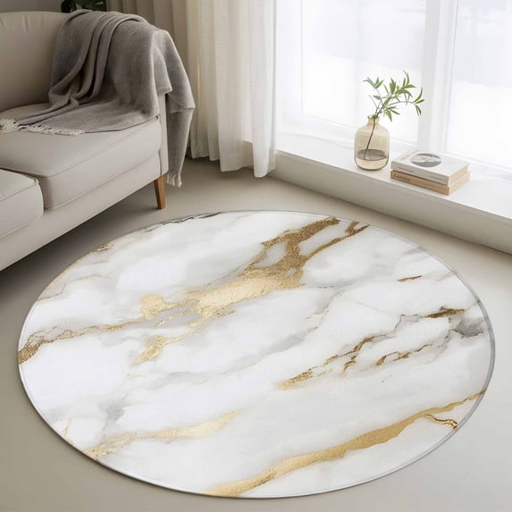 Round Area Rug 4ft,Modern Simple Marble Texture Washable Carpet Non-Slip Runner Accent Rugs Indoor Floor Mat for Bedroom Living Room Decor,Abstract Golden Veins