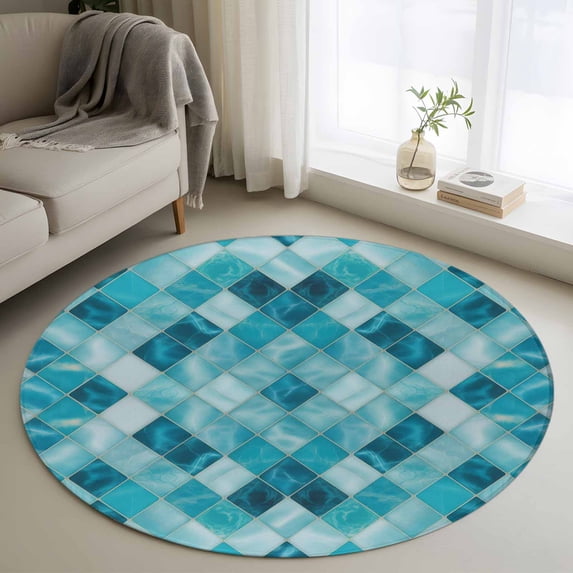 Round Area Rug 4ft,Modern Teal Blue Diamond Washable Carpet Non-Slip Runner Accent Rugs Indoor Floor Mat for Bedroom Living Room Decor,Geometric Line Buffalo Plaid