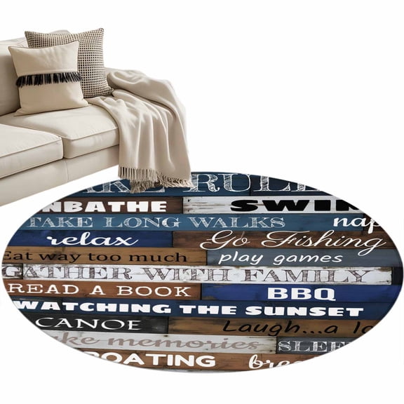 Round Area Rug 4ft, Motivational Inspirational Happiness Quotes Non-Slip Non-Shedding Floor Mat, Retro Wood Plank Washable Sturdy Carpet for Living Room Bedroom Home Decor