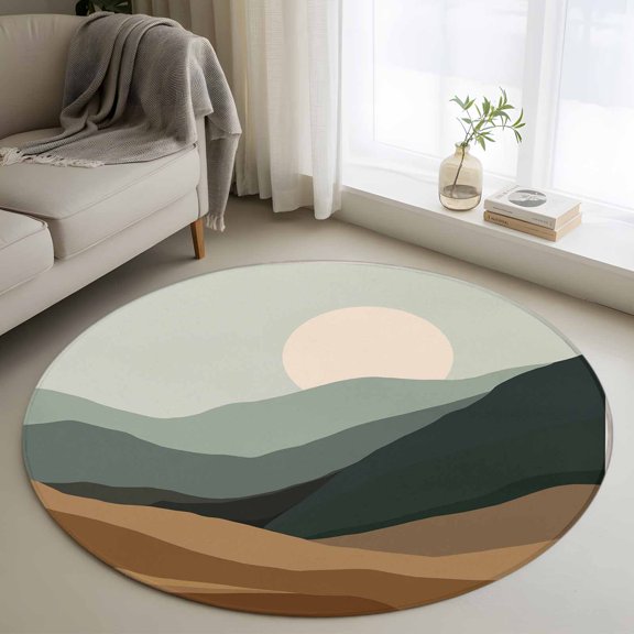 Round Area Rug 4ft Natural Scenery Abstract Sunset Area Rugs Washable Low Pile Floor Carpet for Bedroom, Mountain Brown Green Stripe Non Slip Soft Rugs for Living Room Entryway Dining Room