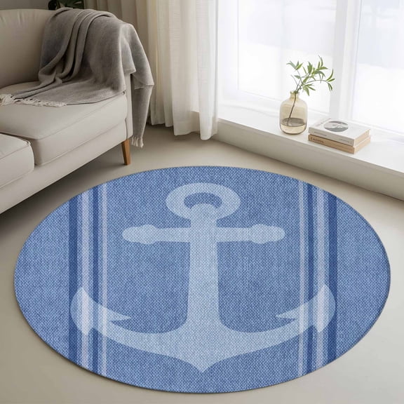 Round Area Rug 4ft, Nautical Anchor on Blue Linen Non-Slip Non-Shedding Floor Mat, Modern Stripe Washable Sturdy Carpet for Living Room Bedroom Home Decor