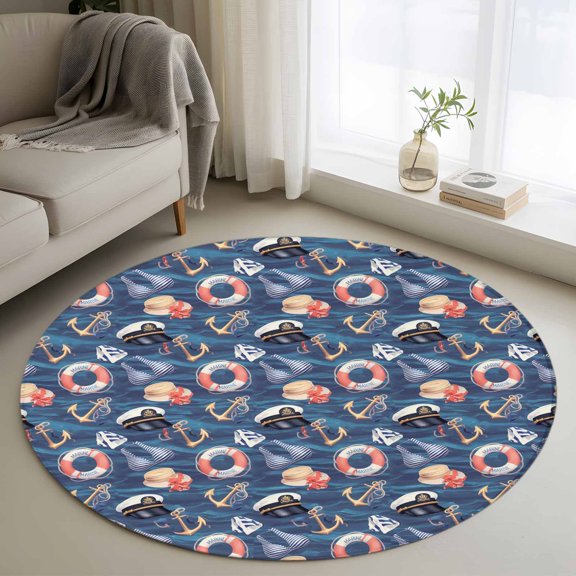 Round Area Rug 4ft, Nautical Anchor Swimsuit Navy Cap Seamless Non-Shedding Washable Area Rug, Navy Blue Ocean Non Slip Low-Profile Circle Rugs for Living Room, Bedroom Dining Room
