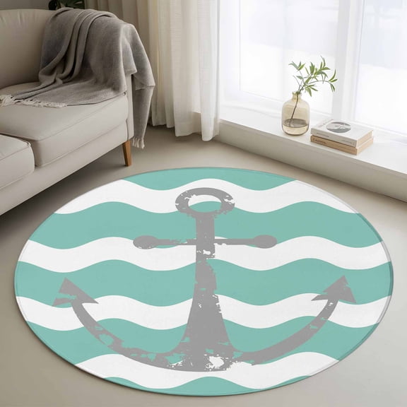 Round Area Rug 4ft Nautical Anchor Teal Zigzag Ripple Chevron Area Rugs Washable Low Pile Floor Carpet for Bedroom, Grey Anchors Summer Ocean Theme Non Slip Soft Rugs for Entryway Dining Room