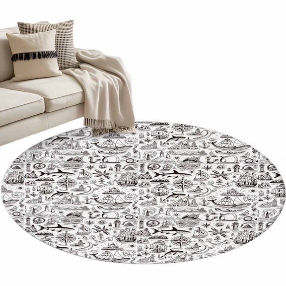 Round Area Rug 4ft Navigation Anchor Sailboat Floor Carpets Indoor Floor Area Mat Stain-Proof Mat Circle Rugs for Living Room Dining Room Kitchen Bedroom, Ocean Compass Map Sofa Throw Carpet