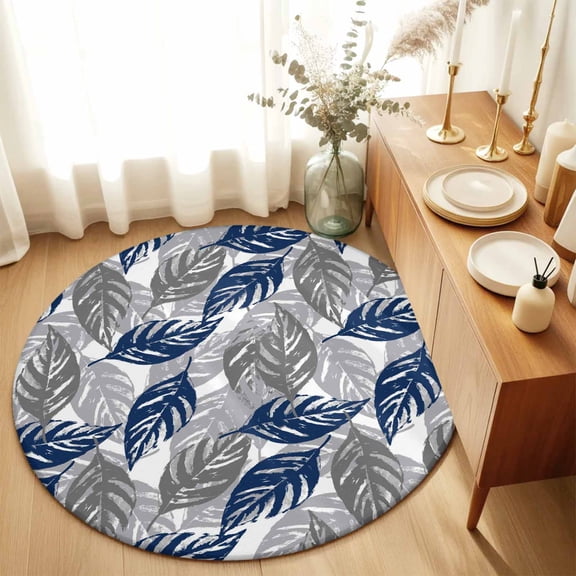 Round Area Rug 4ft,Navy Blue Gray Leaves Texture Living Room Rug Non-Slip Washable Circle Rugs Pad,Botanical Leaf Foliage Soft Floor Carpet for Bedroom Dining Room