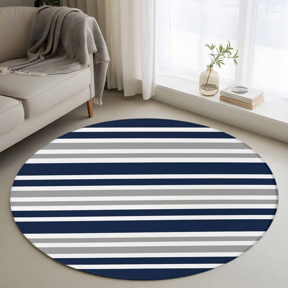 Round Area Rug 4ft, Navy Blue Gray Stripe Non-Slip Non-Shedding Floor Mat, Modern Minimalist Style Washable Sturdy Carpet for Living Room Bedroom Home Decor