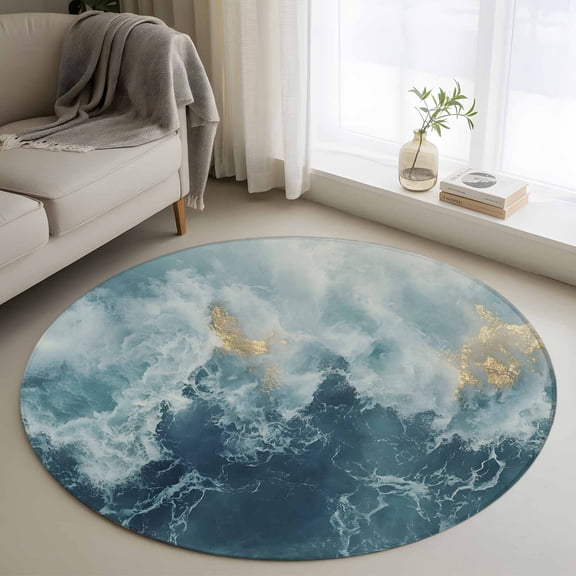 Round Area Rug 4ft, Navy Blue Light Ocean Waves Non-Slip Non-Shedding Floor Mat, Abstract Turquoise Layers Washable Sturdy Carpet for Living Room Bedroom Home Decor