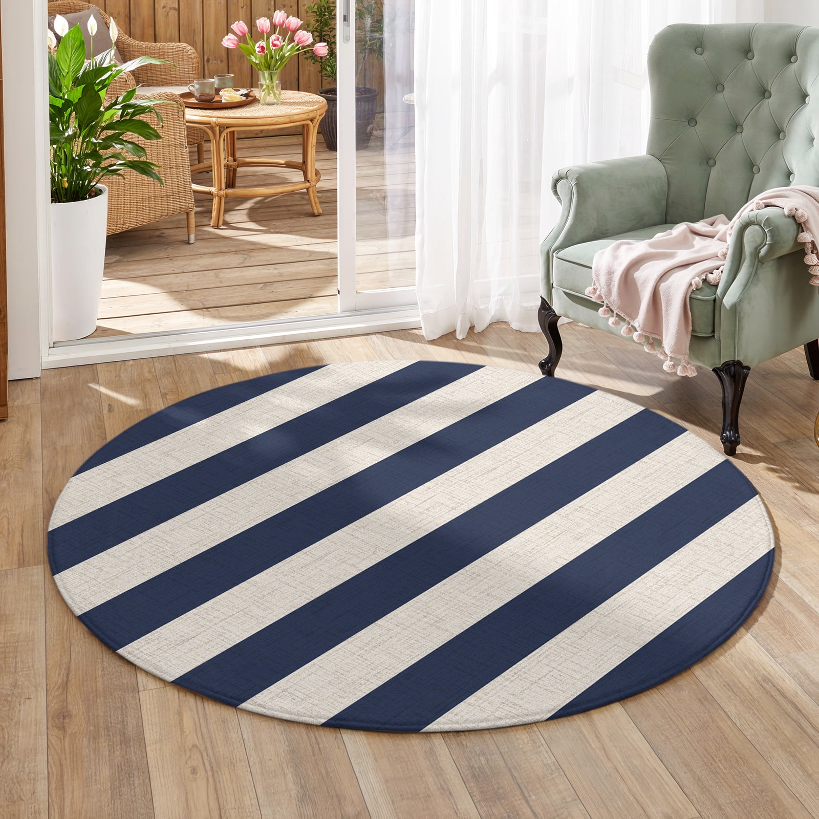 Round Area Rug 4ft Navy Blue Stripe Low Pile Washable Rug Soft ...