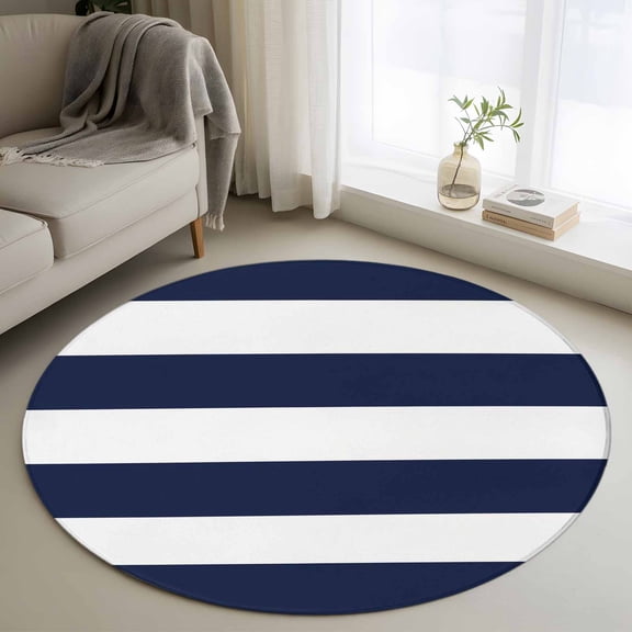 Round Area Rug 4ft Navy Blue Stripe Summer Nautical Theme Area Rugs Washable Low Pile Floor Carpet for Bedroom, White Geometric Lines Non Slip Soft Rugs for Living Room Entryway Dining Room