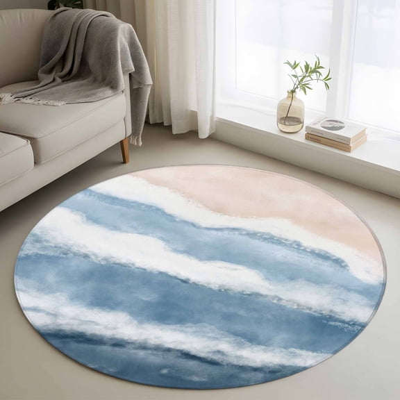 Round Area Rug 4ft Navy Blue Waves Floor Carpets Indoor Floor Area Mat Stain-Proof Mat Circle Rugs for Living Room Dining Room Kitchen Bedroom, Gradient Summer Sandy Beach Sofa Throw Carpet
