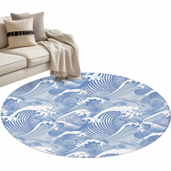 Round Area Rug 4ft Navy Blue Waves Floor Carpets Indoor Floor Area Mat Stain-Proof Mat Circle Rugs for Living Room Dining Room Kitchen Bedroom, Ocean Lines Stripes Sofa Throw Carpet
