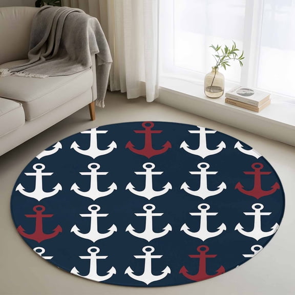 Round Area Rug 4ft, Ocean Nautical White and Red Ship's Anchor Non-Slip Non-Shedding Floor Mat, Dark Blue Washable Sturdy Carpet for Living Room Bedroom Home Decor