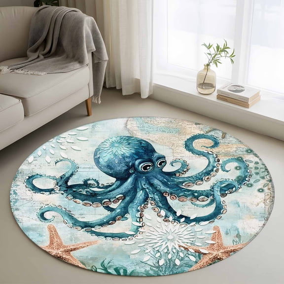 Round Area Rug 4ft, Ocean Octopus Starfish Monster Non-Shedding Washable Area Rug, Sea Coral Vintage Map Non Slip Low-Profile Circle Rugs for Living Room, Bedroom Dining Room