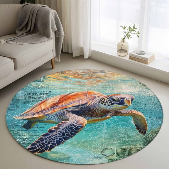 Round Area Rug 4ft, Ocean Sea Turtle Teal Sea Water Non-Shedding Washable Area Rug, Underwater World Marine Life Non Slip Low-Profile Circle Rugs for Living Room, Bedroom Dining Room
