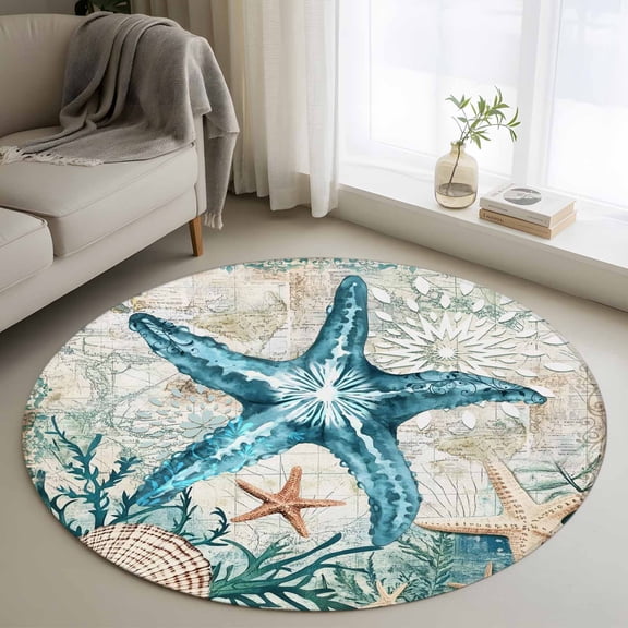 Round Area Rug 4ft, Ocean Starfish Coral Shells Non-Shedding Washable Area Rug, Vintage Map Underwater World Non Slip Low-Profile Circle Rugs for Living Room, Bedroom Dining Room