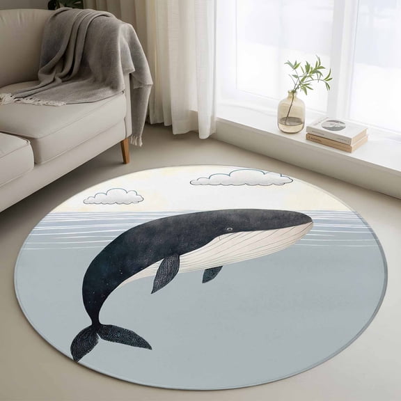 Round Area Rug 4ft Ocean Whale Cartoon Animal Area Rugs Washable Low Pile Floor Carpet for Bedroom, Blue Sea Water Clouds Non Slip Soft Rugs for Living Room Entryway Dining Room