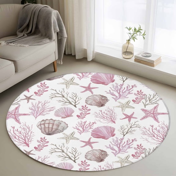 Round Area Rug 4ft Oceans Pink Shells Corals Sea Stars Area Rugs Washable Low Pile Floor Carpet for Bedroom, Abstract Marine Life Non Slip Soft Rugs for Living Room Entryway Dining Room