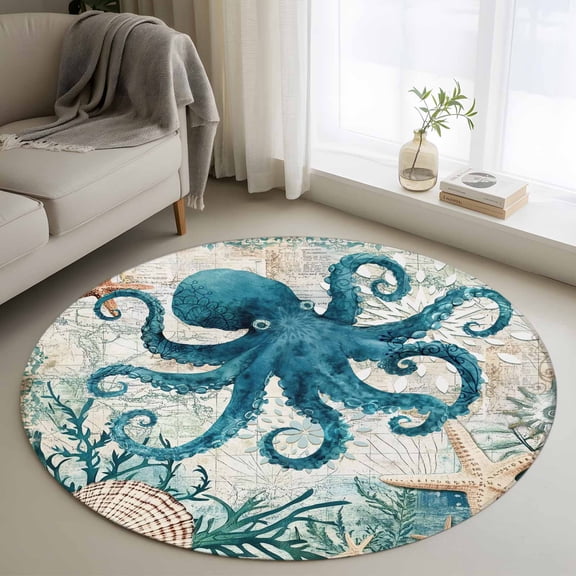 Round Area Rug 4ft, Octopus Starfish Shell Sea Monster Non-Shedding Washable Area Rug, Nautical Map Non Slip Low-Profile Circle Rugs for Living Room, Bedroom Dining Room