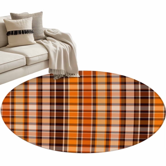 Round Area Rug 4ft Orange Buffalo Plaid Floor Carpets Indoor Floor Area Mat Stain-Proof Mat Circle Rugs for Living Room Dining Room Kitchen Bedroom, Classic Check Sofa Throw Carpet