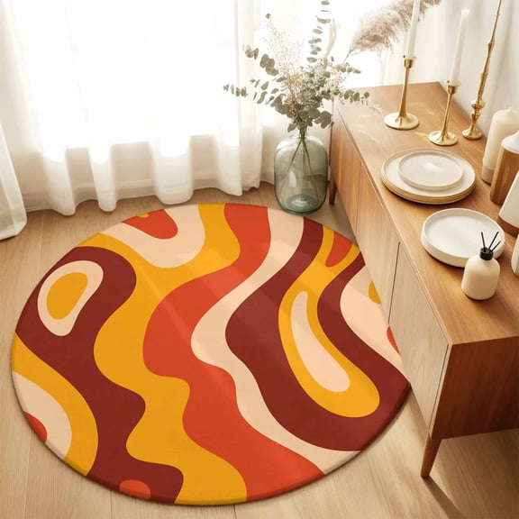 Round Area Rug 4ft,Orange Red Abstract Marble Texture Living Room Rug Non-Slip Washable Circle Rugs Pad,Modern Psychedelic Soft Floor Carpet for Bedroom Dining Room