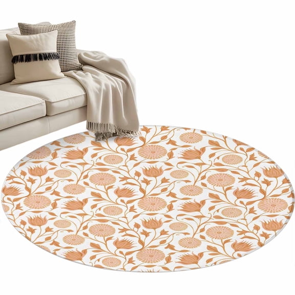 Round Area Rug 4ft Orange Retro Floral Floor Carpets Indoor Floor Area Mat Stain-Proof Mat Circle Rugs for Living Room Dining Room Kitchen Bedroom, Plant Flower Leaves Branch Sofa Throw Carpet