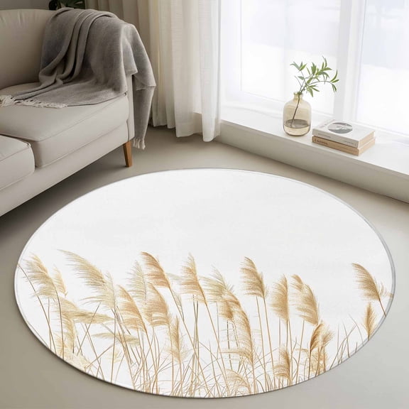 Round Area Rug 4ft, Pastoral Reed Pampas Grass Plant Non-Slip Non-Shedding Floor Mat, Autumn Botanical on White Washable Sturdy Carpet for Living Room Bedroom Home Decor