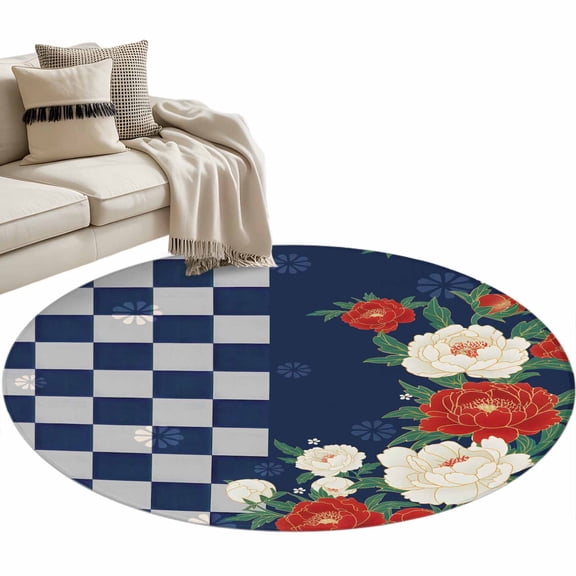 Round Area Rug 4ft Peony Floor Carpets Indoor Floor Area Mat Stain-Proof Mat Circle Rugs for Living Room Dining Room Kitchen Bedroom, Harmony Japanese Blue Check Buffalo Plaid Sofa Throw Carpet