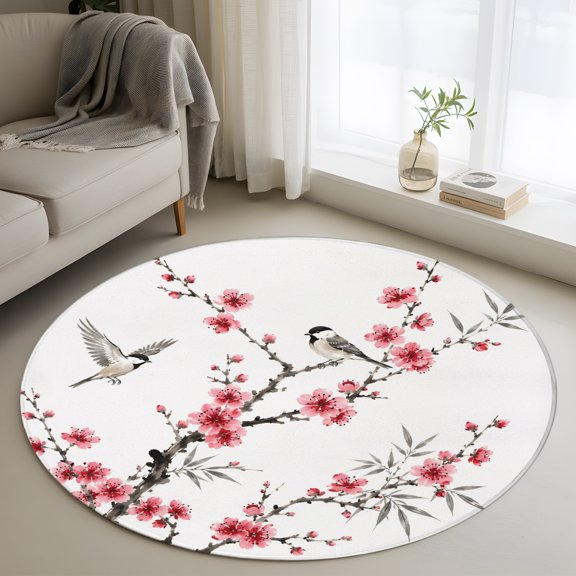 Round Area Rug 4ft, Pink Flower Branch Bird Non-Slip Non-Shedding Floor Mat, Botanical Cherry Blossom on White Washable Sturdy Carpet for Living Room Bedroom Home Decor