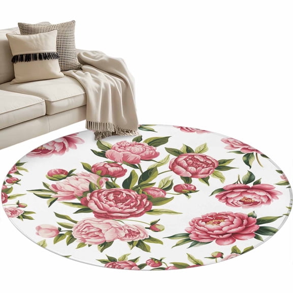 Round Area Rug 4ft Pink Rose Floral Floor Carpets Indoor Floor Area Mat Stain-Proof Mat Circle Rugs for Living Room Dining Room Kitchen Bedroom, Leaves Flowers Sofa Throw Carpet