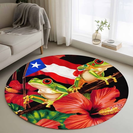 Round Area Rug 4ft, Puerto Rico Flag Non-slip Area Rugs for Living Room/Bedroom/Bathroom/Kitchen, Frog Red Flower Summer Leaf Washable Throw Floor Mat Indoor Outdoor Entrance Doormat