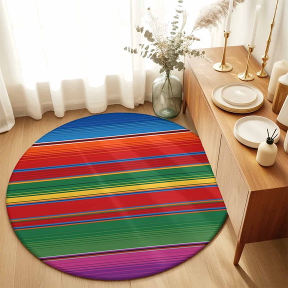 Round Area Rug 4ft,Rainbow Mexican Colorful Stripes Living Room Rug Non-Slip Washable Circle Rugs Pad,Modern Abstract Line Art Soft Floor Carpet for Bedroom Dining Room