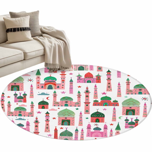 Round Area Rug 4ft Red Castle Stars Moon Floor Carpets Indoor Floor Area Mat Stain-Proof Mat Circle Rugs for Living Room Dining Room Kitchen Bedroom, Colorful Graffiti Sofa Throw Carpet