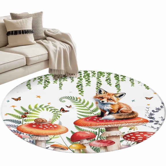 Round Area Rug 4ft Red Mushroom Fox Floor Carpets Indoor Floor Area Mat Stain-Proof Mat Circle Rugs for Living Room Dining Room Kitchen Bedroom, Eucalyptus Leaves Branch Butterfly Sofa Throw Carpet