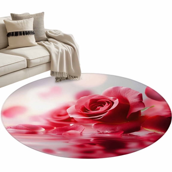 Round Area Rug 4ft Red Rose Floor Carpets Indoor Floor Area Mat Stain-Proof Mat Circle Rugs for Living Room Dining Room Kitchen Bedroom, Dreamy Petals Water Sofa Throw Carpet