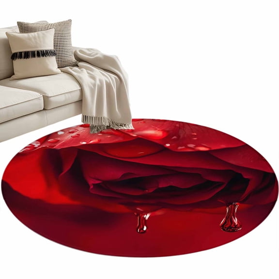 Round Area Rug 4ft Red Rose Floor Carpets Indoor Floor Area Mat Stain-Proof Mat Circle Rugs for Living Room Dining Room Kitchen Bedroom, Nature Water Drops Sofa Throw Carpet