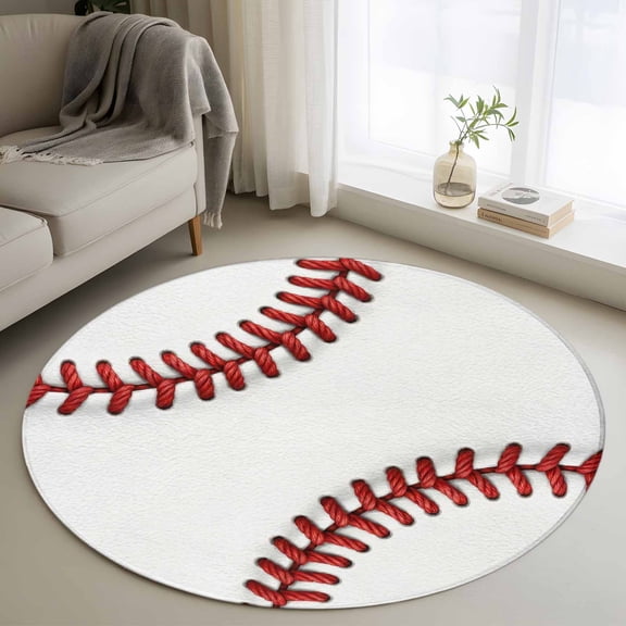 Round Area Rug 4ft Red White Baseball Stitching Texture Area Rugs Washable Low Pile Floor Carpet for Bedroom, Sport Theme Non Slip Soft Rugs for Living Room Entryway Dining Room