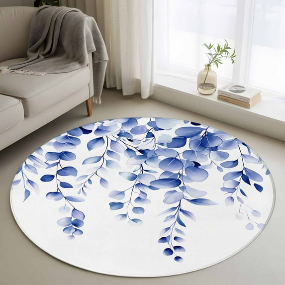 Round Area Rug 4ft,Retro Blue Eucalyptus Leaves Washable Carpet Non-Slip Runner Accent Rugs Indoor Floor Mat for Bedroom Living Room Decor,Watercolor Botanical